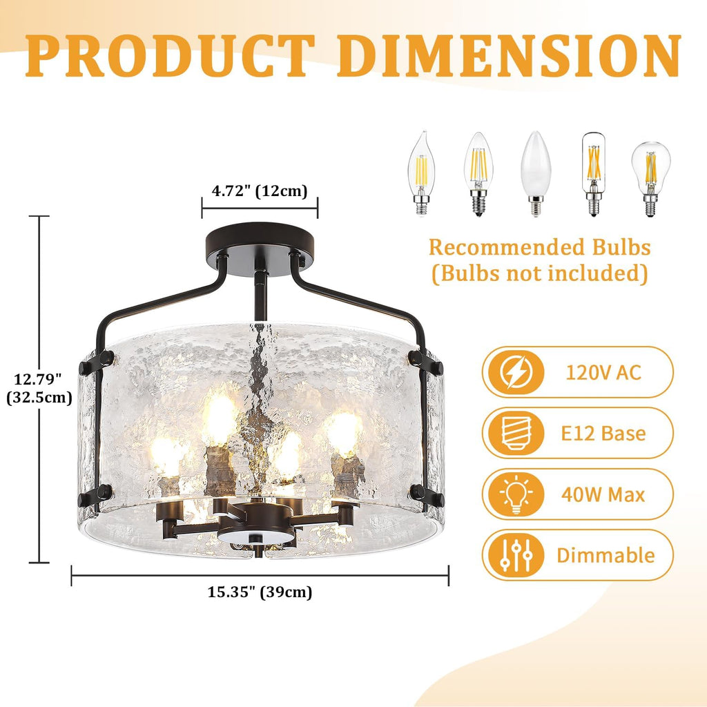 4-Light Modern Black Semi Flush Mount Ceiling Light, 15.35" Thick Hammered Glass Entryway Light Fixture Drum