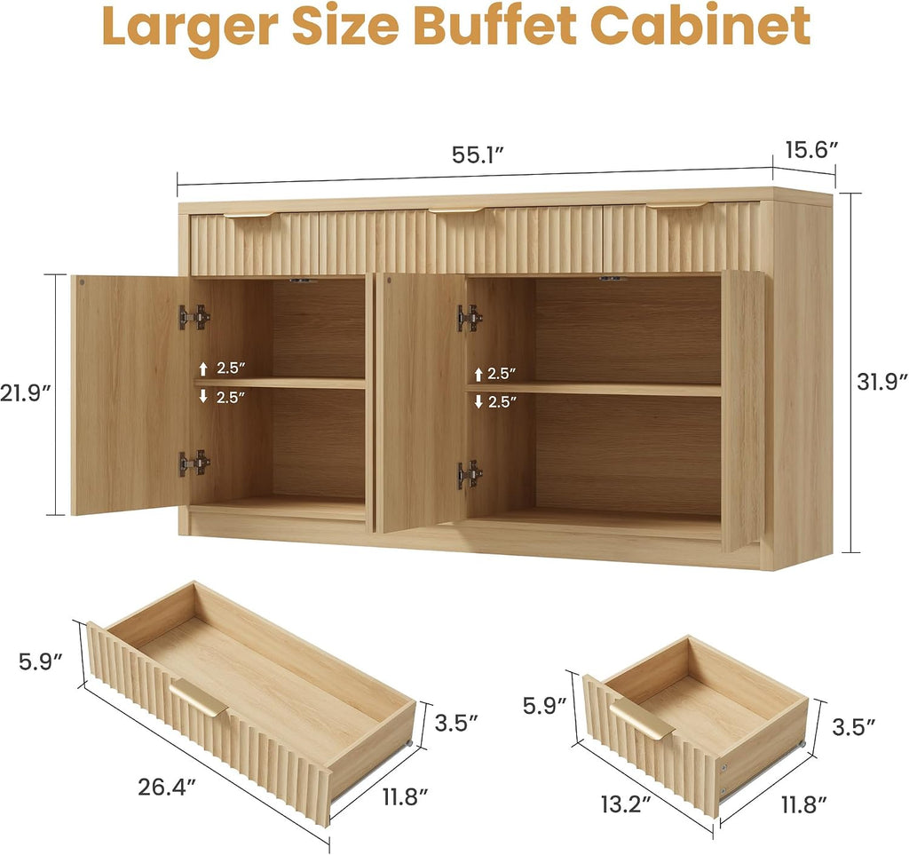 55" Buffet Sideboard Cabinet, Modern Fluted Storage Cabinets Natural