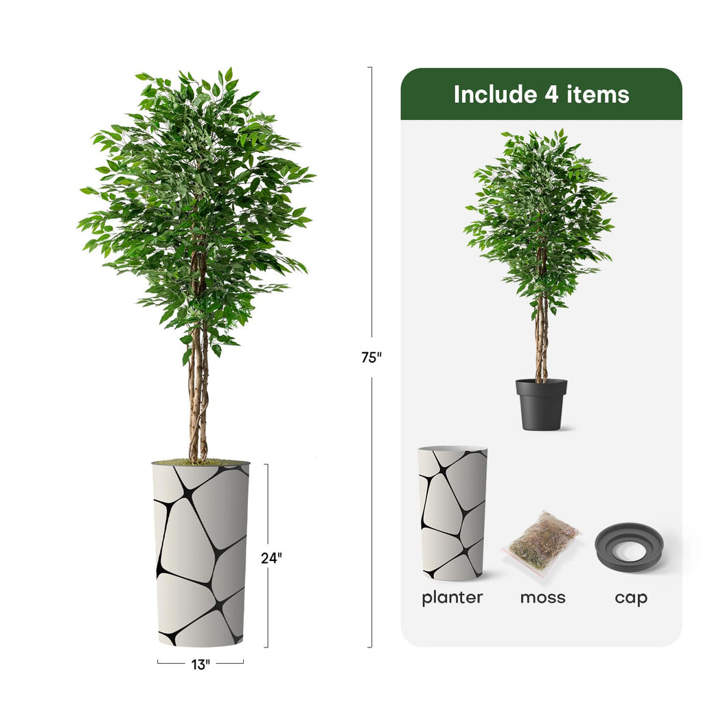 Artificial Tree in Geometric Pattern Planter, Fake Ficus Silk Tree for Indoor and Outdoor Home Decoration - 75"
