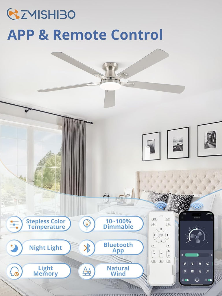 60 Inch Ceiling Fan with Light, App&Remote Control, Flush Mount Low Profile, Dimmable 20W LED Light, Quiet Reversible Motor for Bedroom, Living Room, Apartment, Nickel
