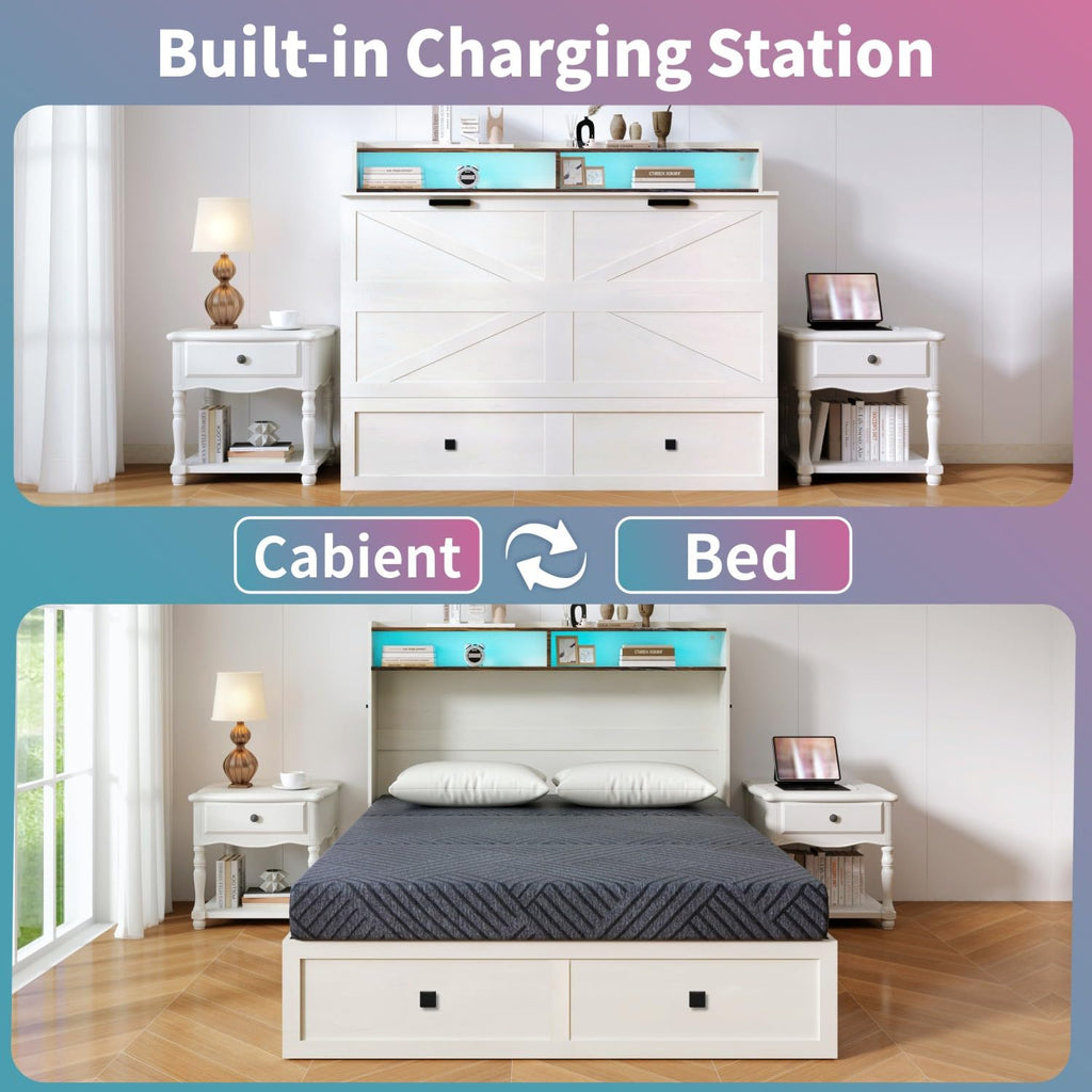 Queen Murphy Bed with Mattress Included with LED Lights & Storage