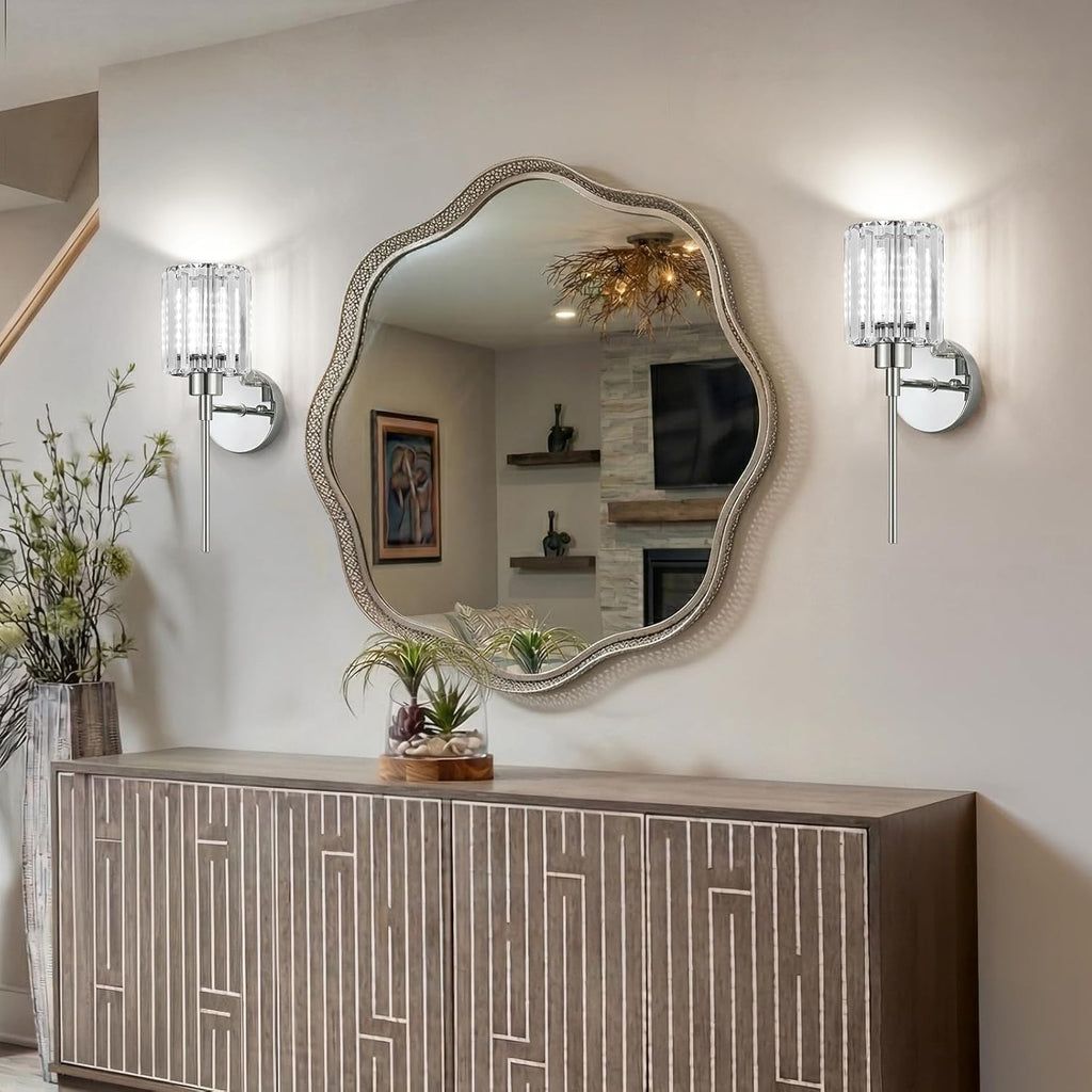 2-Pack Crystal Battery Operated Wall Sconces, Chrome Rechargeable Wireless Wall Sconce Lights with Dimmable Bulbs and Remote, 12 Colors and 3CCT Dimmable Crystal Lamps for Living Bedroom Dining