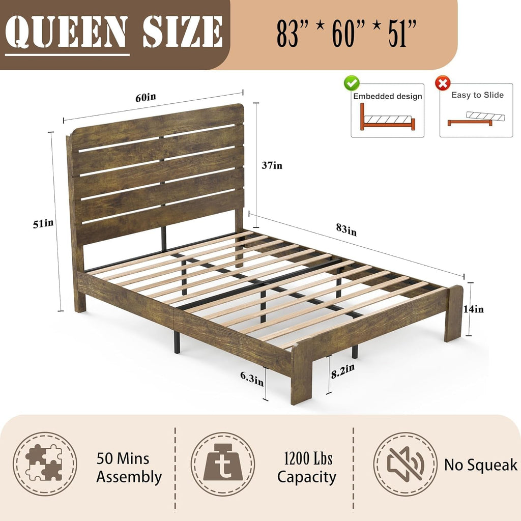 Wooden Queen Bed Frame with Headboard, Rustic Farmhouse Platform Bedframe with Wood Slat Support, Sturdy and No