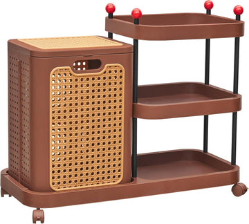 Rattan-Style Rolling Laundry Hamper Cart, 3-Tier Storage Shelf with Wheels, Foldable Plastic Laundry Basket with Lid