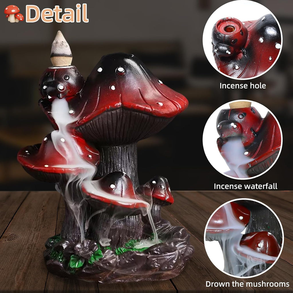 Mushroom Backflow Incense Holder - Ceramic Incense Cone Holder with 60 Backflow Incense Cones | Waterfall Incense