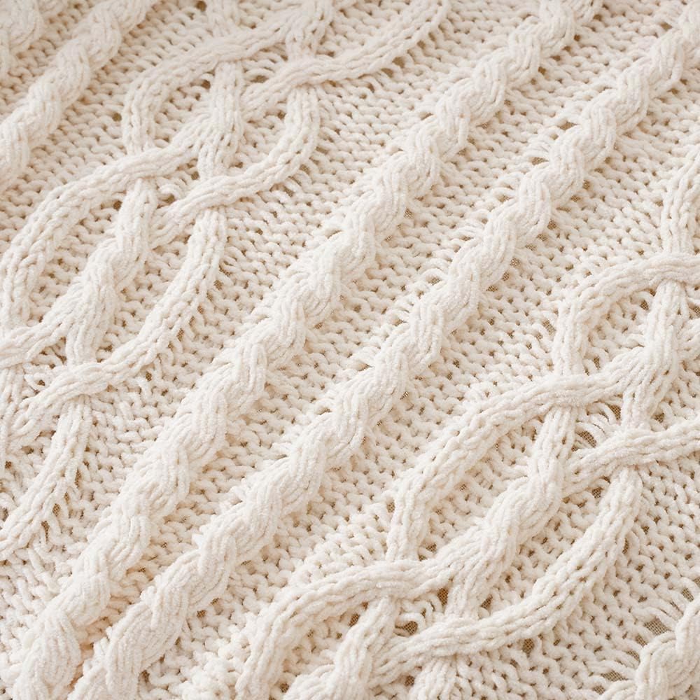 Cream White Ivory Throw Blanket, 51x 67 Inch, Woven Chenille Knit Throw Blanket for Chair, Super Soft Warm Decorative
