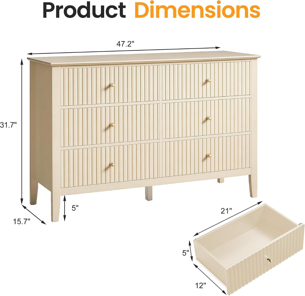 Beige 6 Drawer Dresser, Fluted Modern Wood Chest of Drawers, Long Dresser TV Stand Storage Cabinet