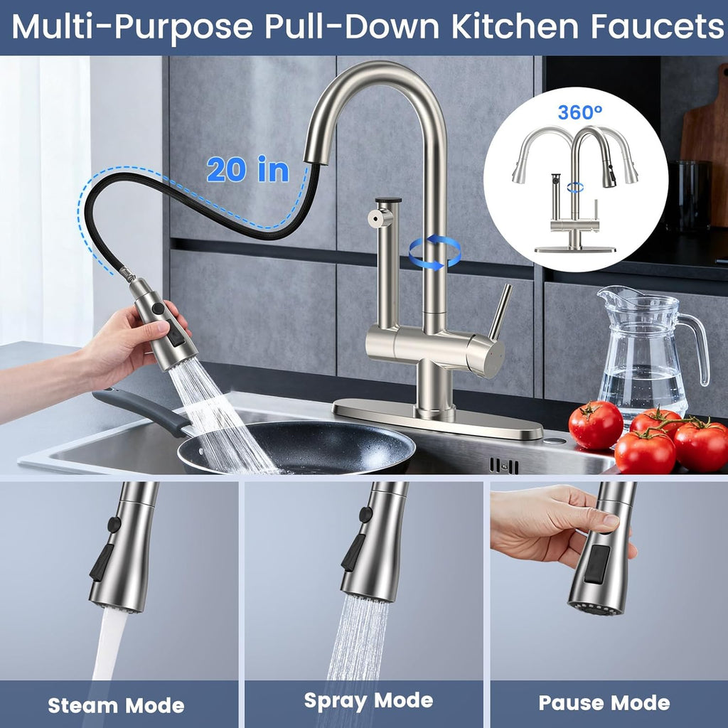 Kitchen Faucets with Filtered, Stainless Steel Filter Kitchen Faucet with Pull Down Sprayer Reduces Lead, Chlorine
