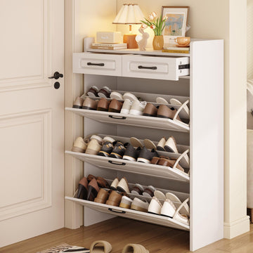 Shoe Cabinet, Narrow Shoe Storage Cabinet with 3 Flip Drawers and 2 Top Drawers, Modern Shoe Rack Organizer Cabinet