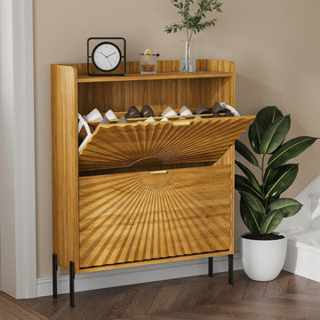 Two-Layer Shoe Cabinet with Two Flip Drawers,Wooden Thin Shoe Cabinet with Metal Handles and Metal Legs,Anti-Dump