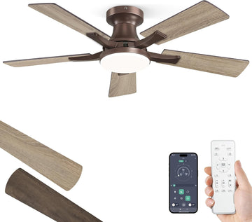 42 Inch Ceiling Fan with Light, App&Remote Control, Flush Mount Low Profile, Dimmable 20W LED Light, Quiet Reversible Motor for Bedroom, Living Room, Apartment, Brown