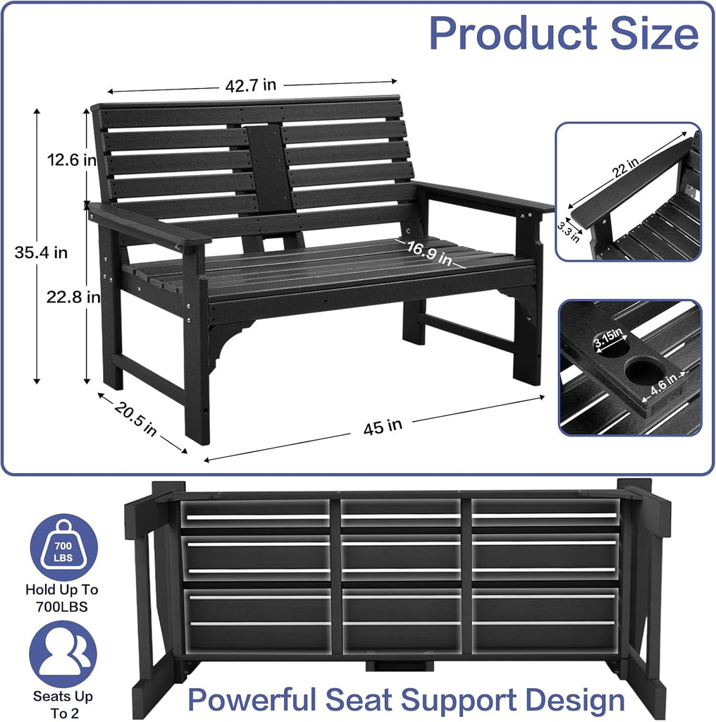 Outdoor Bench, HDPE 2-Person Garden Bench with Cup Holders | Weatherproof Patio Bench with Backrest & Armrests, 700