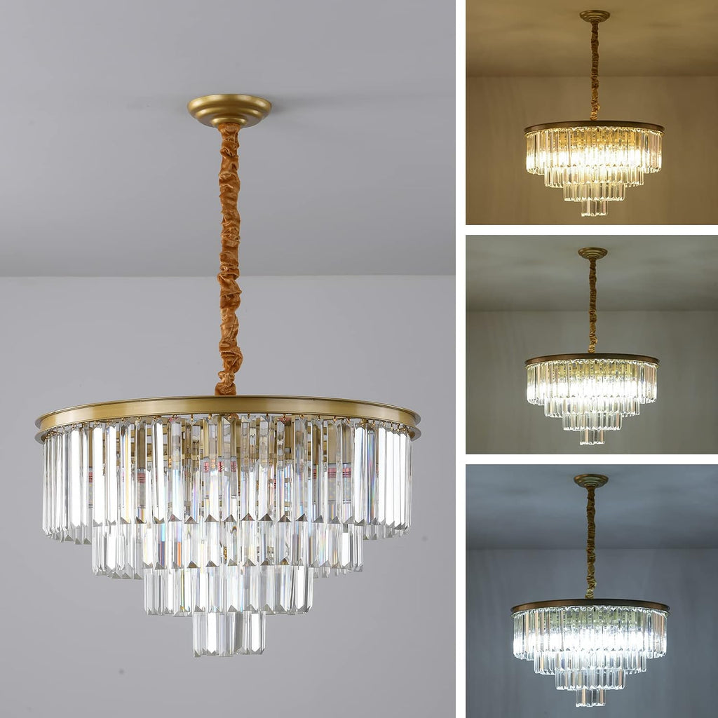 Gold Modern Crystal Chandelier, 4-Tier Round Flush Mount Ceiling Light Fixtures Height Adjustable Pendant Lighting