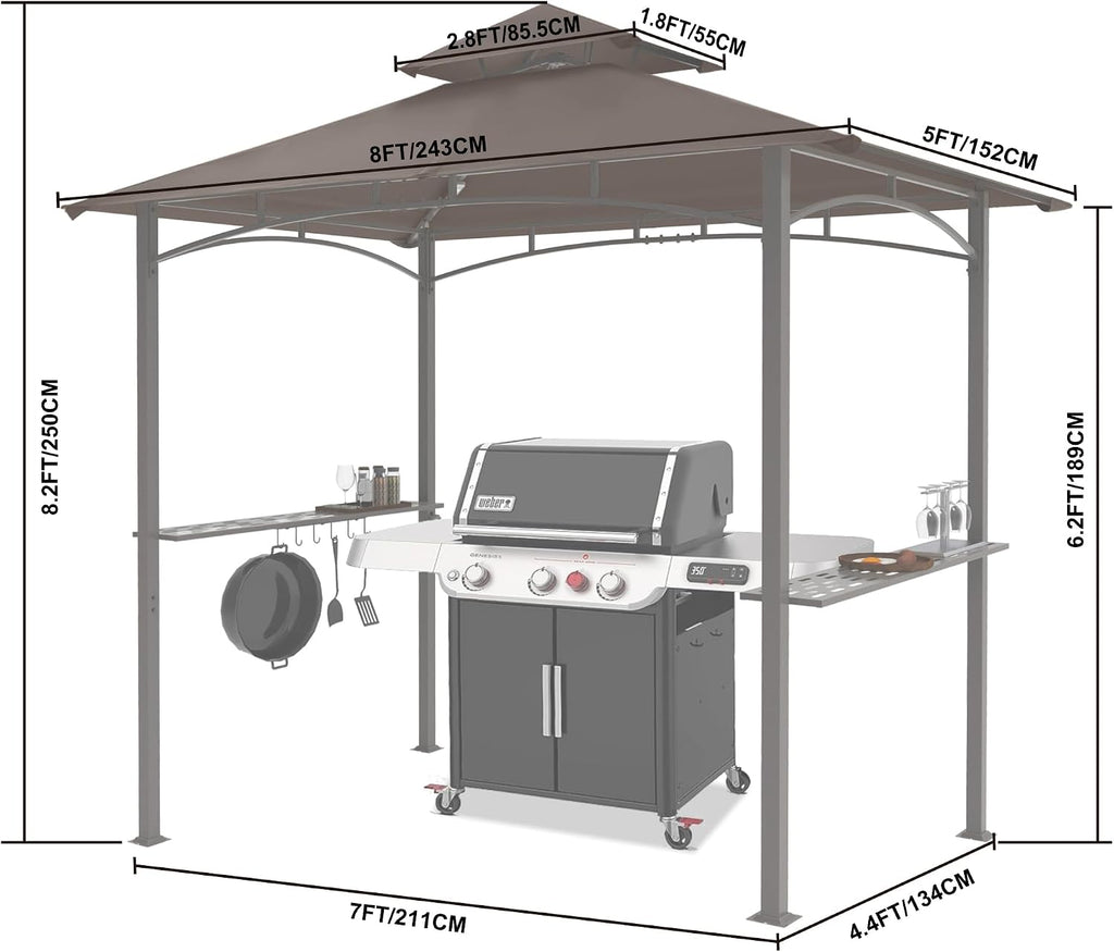 8 x 5 Grill Gazebo Outdoor BBQ Gazebo Canopy with 2 LED Lights (Brown)