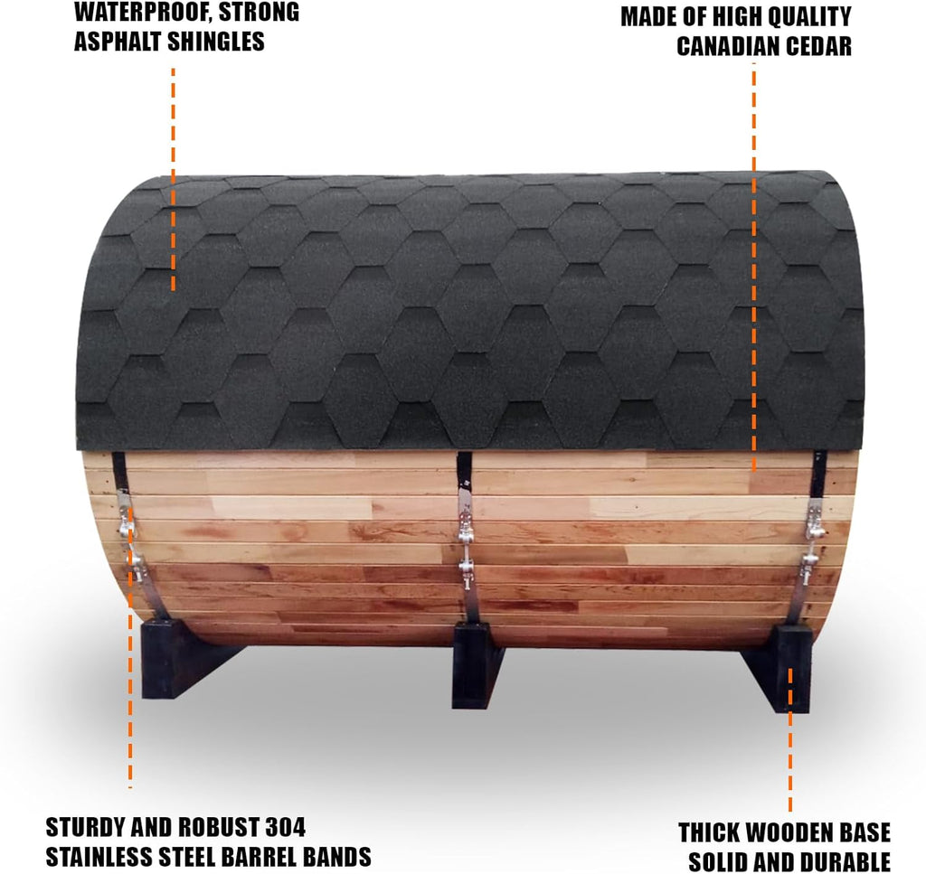 6-8 Person Outdoor Barrel Sauna,Canadian Cedar Wooden Saunas Kit with Porch,6KW TOULE Electric Stove Steam Sauna Room