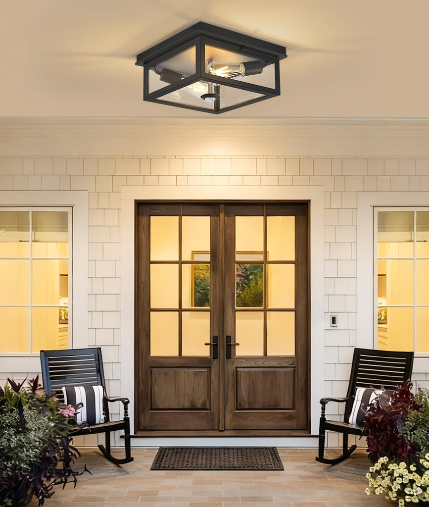 Motion Sensor Outdoor Ceiling Light with Remote, 12.2 Inch Black Flush Mount Porch Light Fixture with United Glass