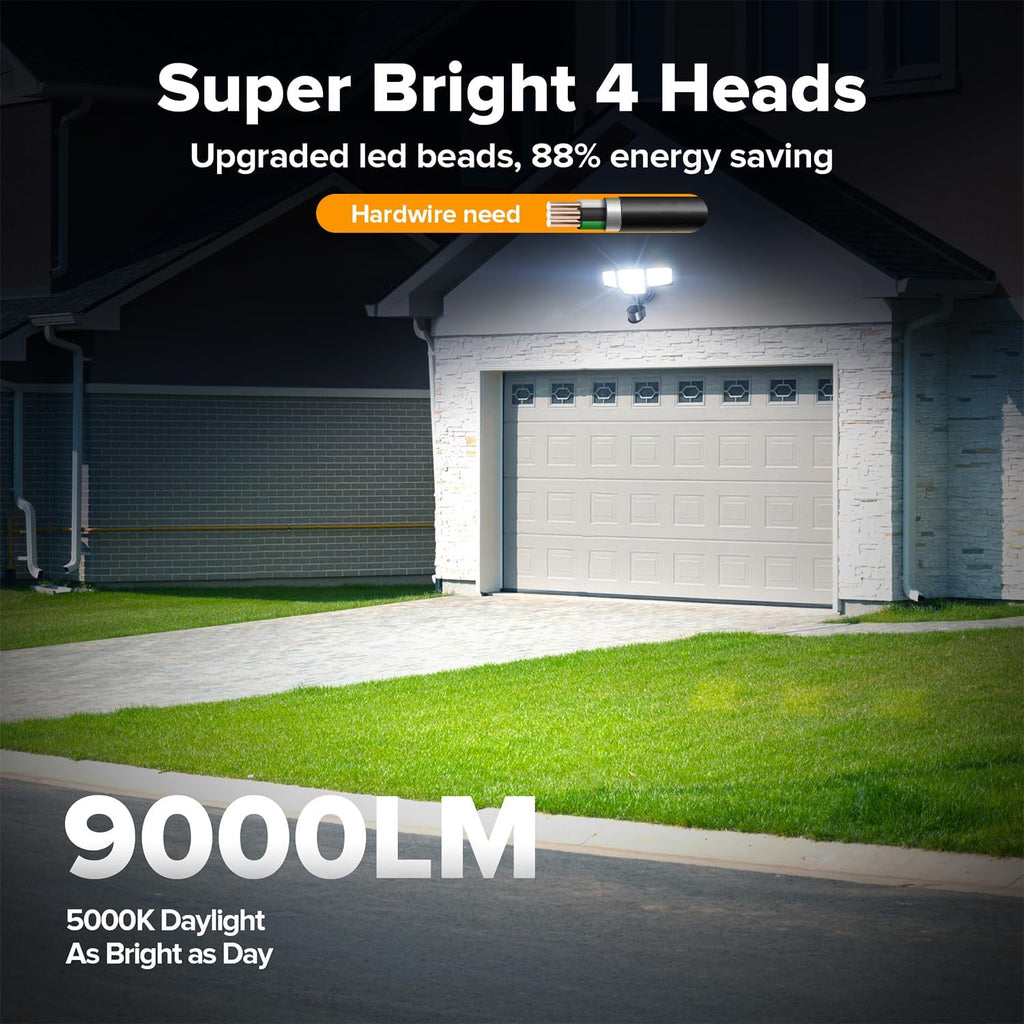80W 9000LM LED Security Light Hardwire Motion Sensor Outdoor Lights, 4 Head LED Flood Lights Outdoor 5000K Daylight