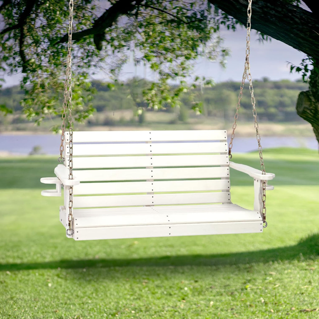 4FT HDPE Porch Swing Outdoor with Rotatable Cup Holder, White | 1600 LBS Heavy Duty Recycled Plastic Porch Swing with