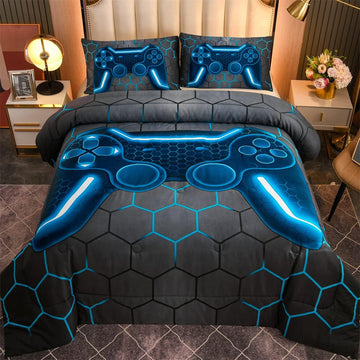 Game Console Comforter Set for Boys Girls Kids 3D Gaming Geometric Lightweight Microfiber Bedding Sets (blue, Queen)