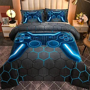 Game Console Comforter Set for Boys Girls Kids 3D Gaming Geometric Lightweight Microfiber Bedding Sets (blue, Queen)