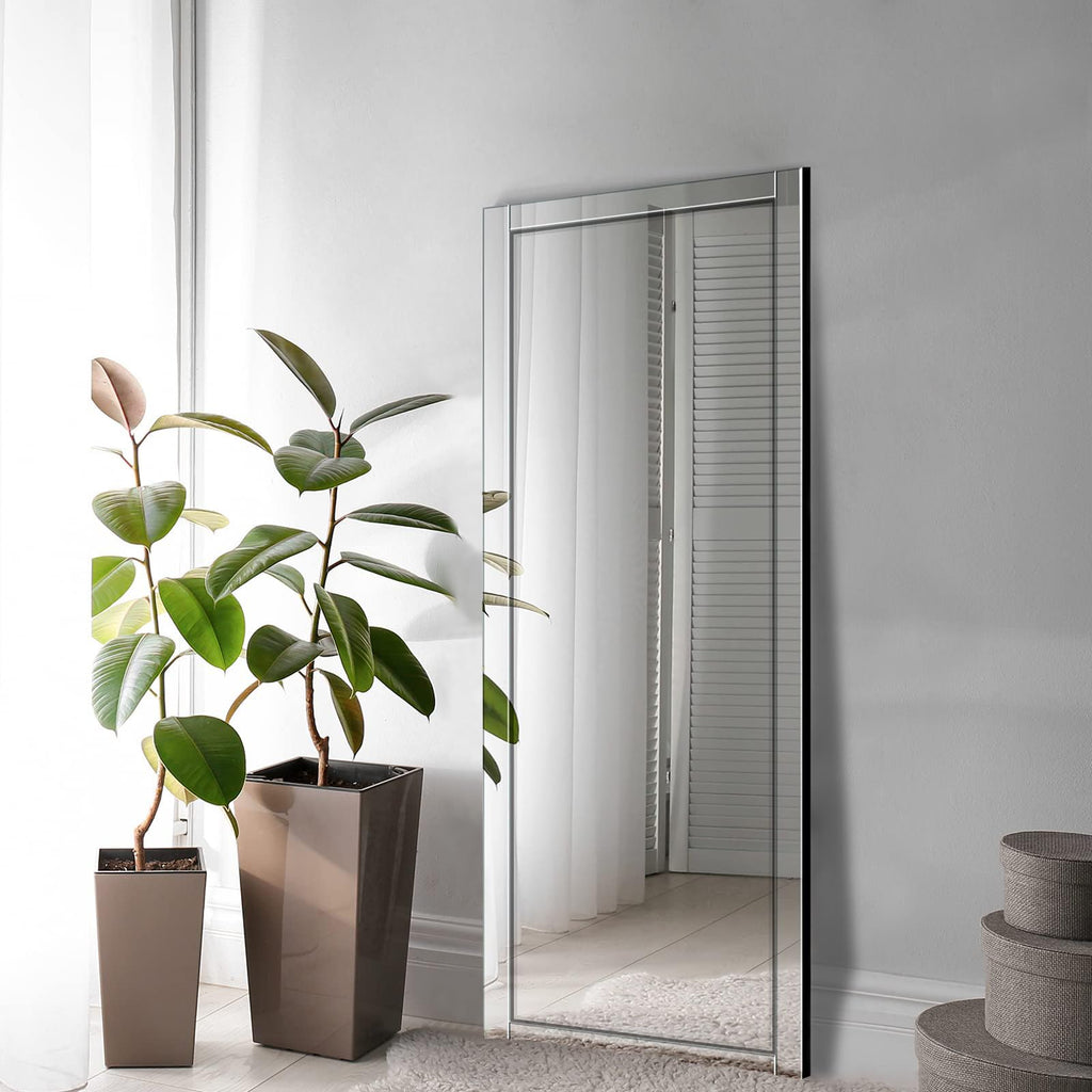 56"x20" Wall Mounted Full Length Mirror with Reflect Frame, Large Rectangle Beveled Frameless Full Body Mirror