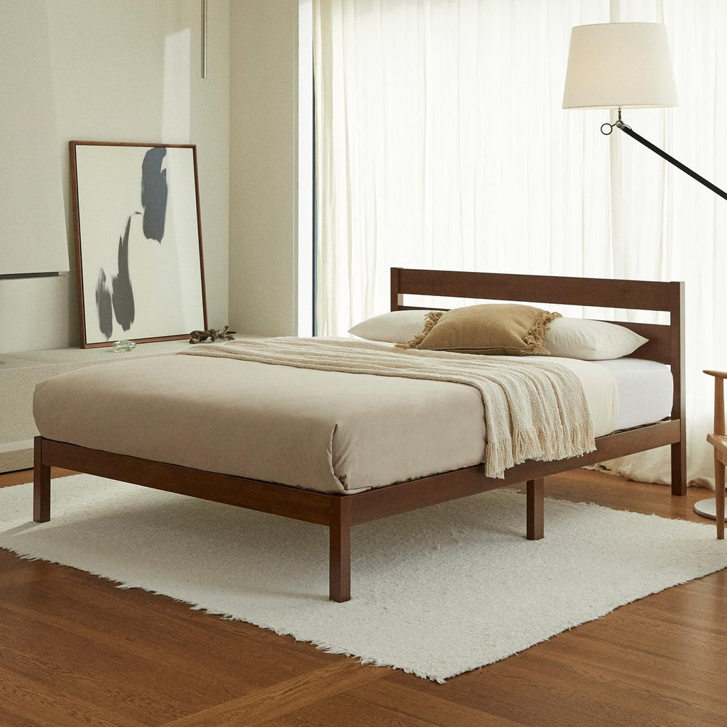 Queen Bed Frame with Headboard Classic Wood Platform, Noise Free, Under Bed Storage, No Box Spring Needed, Easy