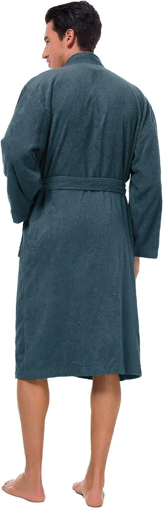 Men's Terry Cotton Robe, Absorbent Kimono Towel Bathrobe for Spa and Hotel, Soft Shower Calf Length Cloth with Pockets