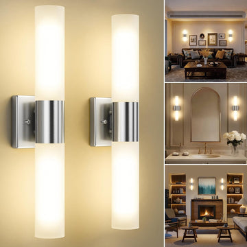 Wall Sconces Set of Two, Modern 21" Vanity, Frosted Glass, Silver | Indoor Wall Light Fixture. , Mirror, Bedroom