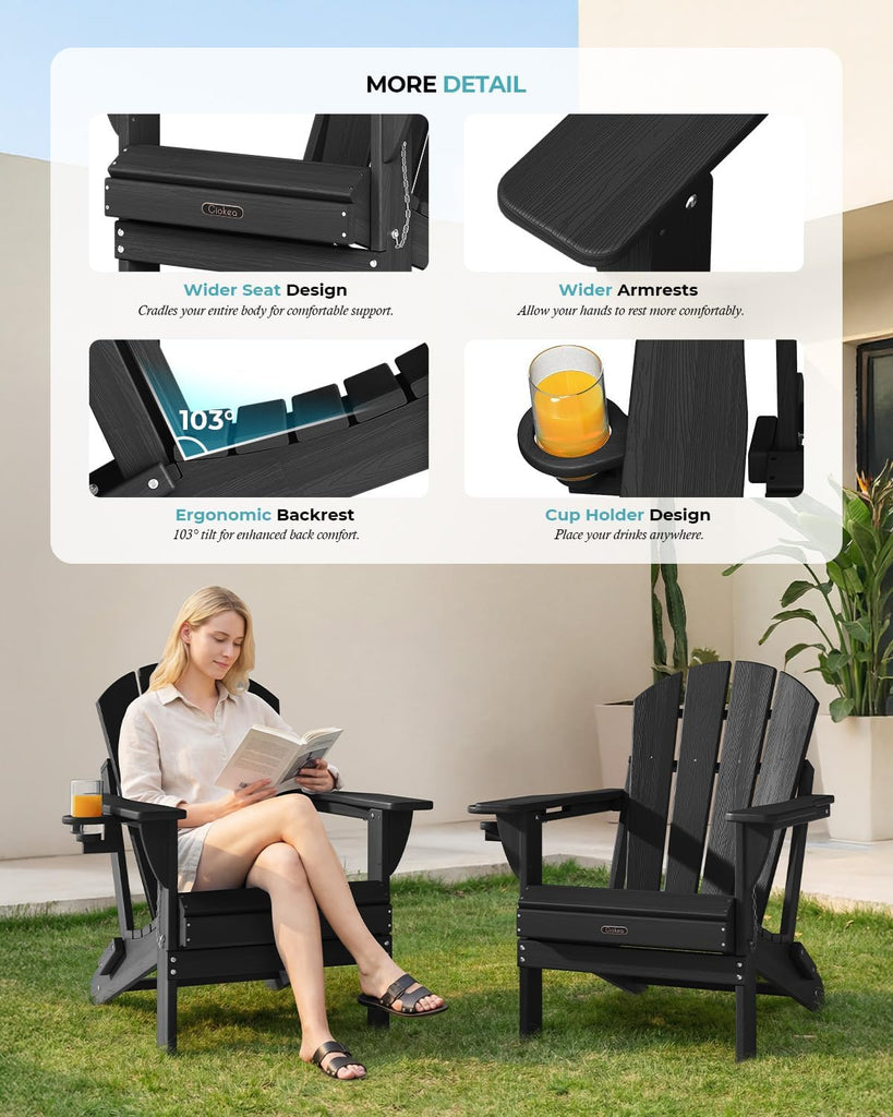 Folding Adirondack Chair Wood Texture , Weather Resistant, Plastic Fire Pit Chair with Cup Holder, Lawn Chair for