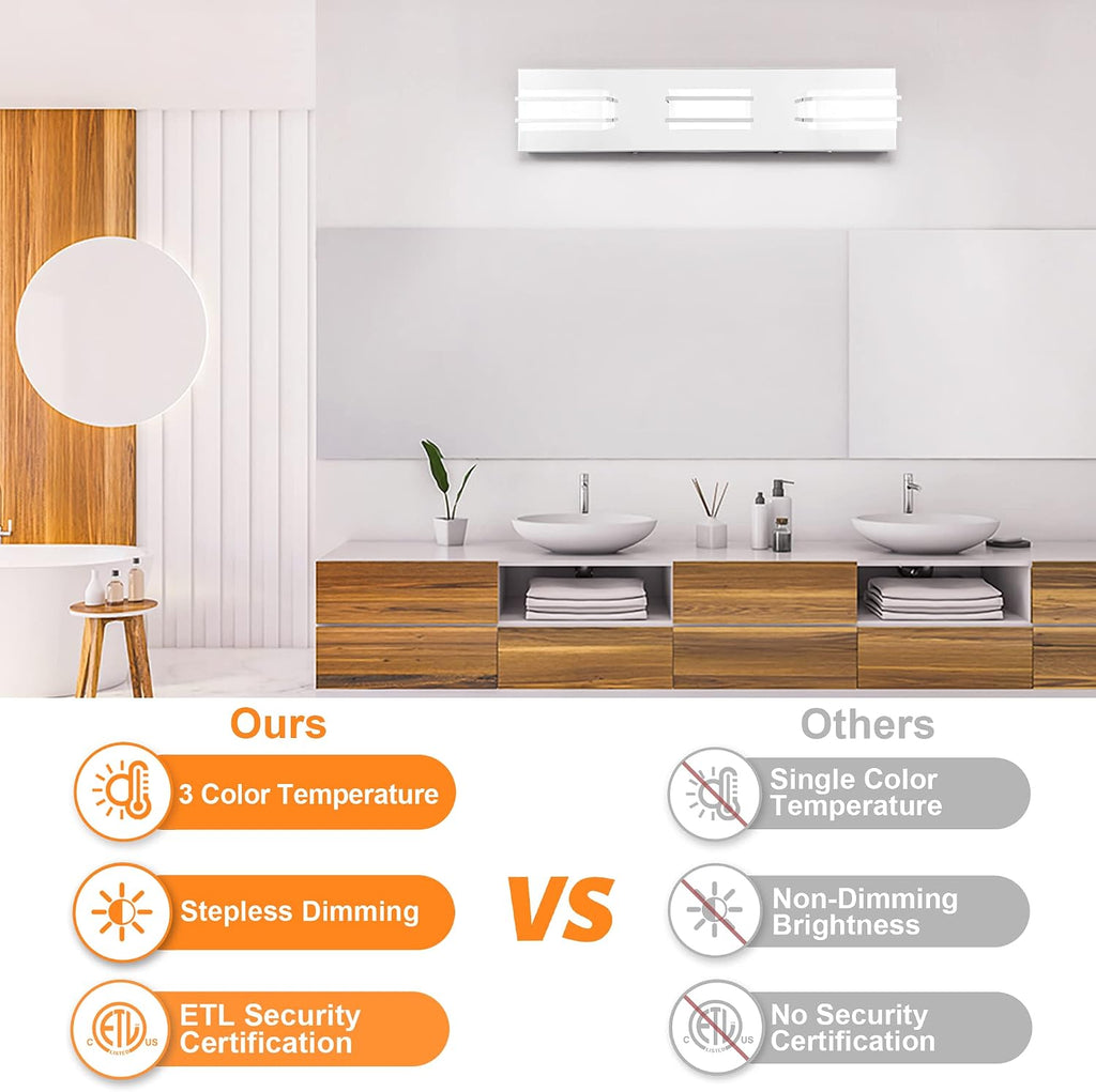 3 Color Temperature Dimmable Bathroom Light Fixtures over Mirror, LED Chrome 3 Light Vanity Lighting Fixtures