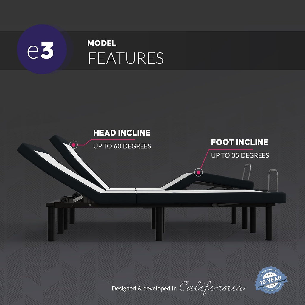 King e3 Adjustable Bed Base Frame with Head and Foot Incline, Wireless Remote Control, Easy Assembly, and 10 Year