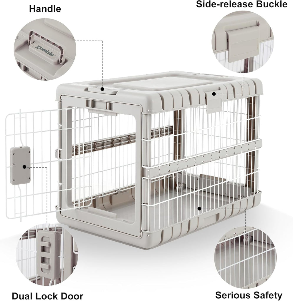 Collapsible Dog Crate for Dogs - 28" L Heavy Duty Dog Kennel No Tools Required with 4 Sides Steel Foldable Cage for Dogs Indoor Furniture, Portable Carrier with 2 Smooth Wheels, Beige