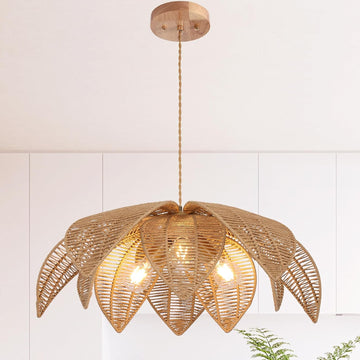 Farmhouse Chandeliers for Dining Room, 3-Light Rattan Boho Chandelier Light Fixture Hand Woven Wicker Pendant Light