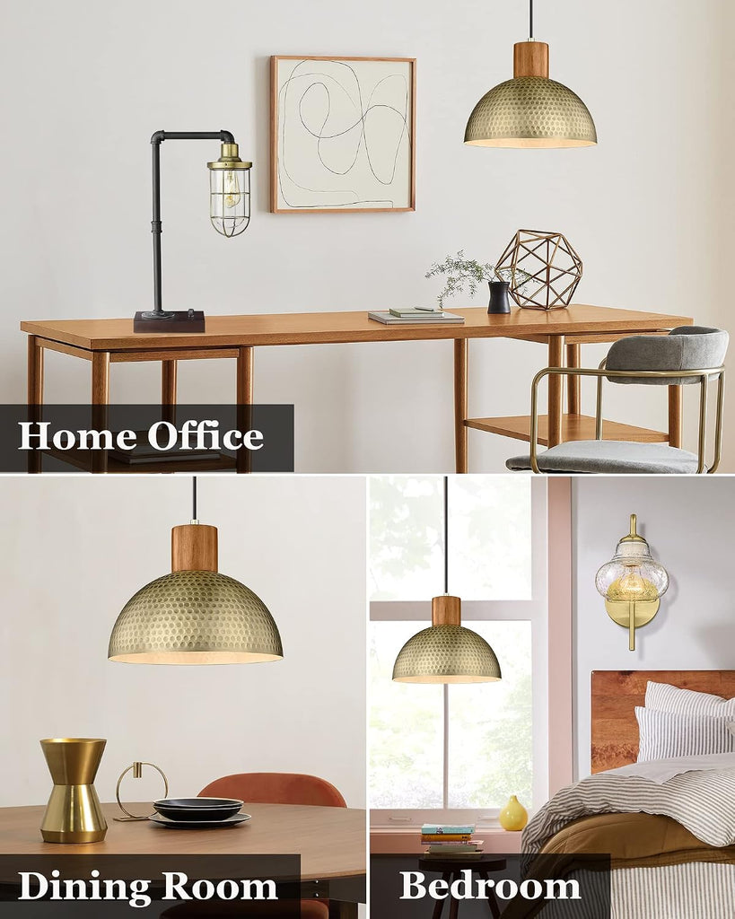 2 Pack Hammered Pendant Lights 12" Vintage Metal & Wood Dome Hanging Lamp Antique Gold Industrial Kitchen Pendant