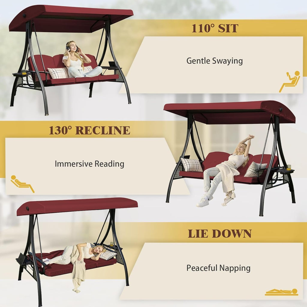 3-in-1 Outdoor Porch Swing with Stand (Red, Square Tube) | 3-Seater Patio Swing with Adjustable Canopy , Backyard
