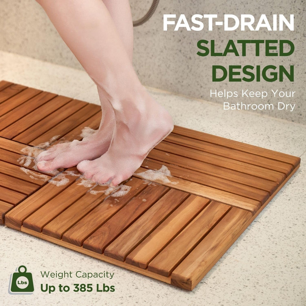 Premium 32"x21" Foldable Solid Teak Shower Mat, Non-Slip Bath Mat