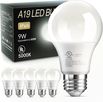 LED Light Bulbs Daylight 5000K, 60 Watt Equivalent LED Bulb, 9W Bright White Light Bulb, A19 E26 Standard Base, Non (6 Pack)