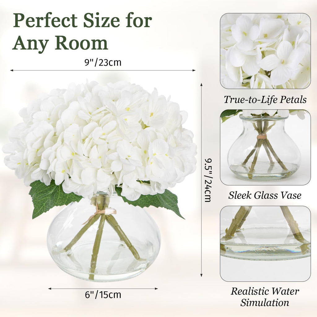 Artificial Hydrangea Flowers with Glass Vase, White Silk Fake Floral Arrangement for Dining, Coffee Table