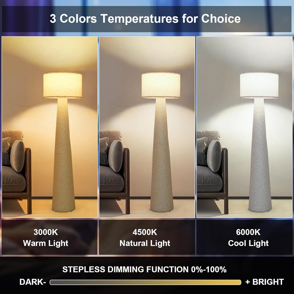 Boho White Floor Lamps, Dimmable Standing Lamp with Remote and Bulb, Mid Century Column Tall Lamp with Fabric Shade