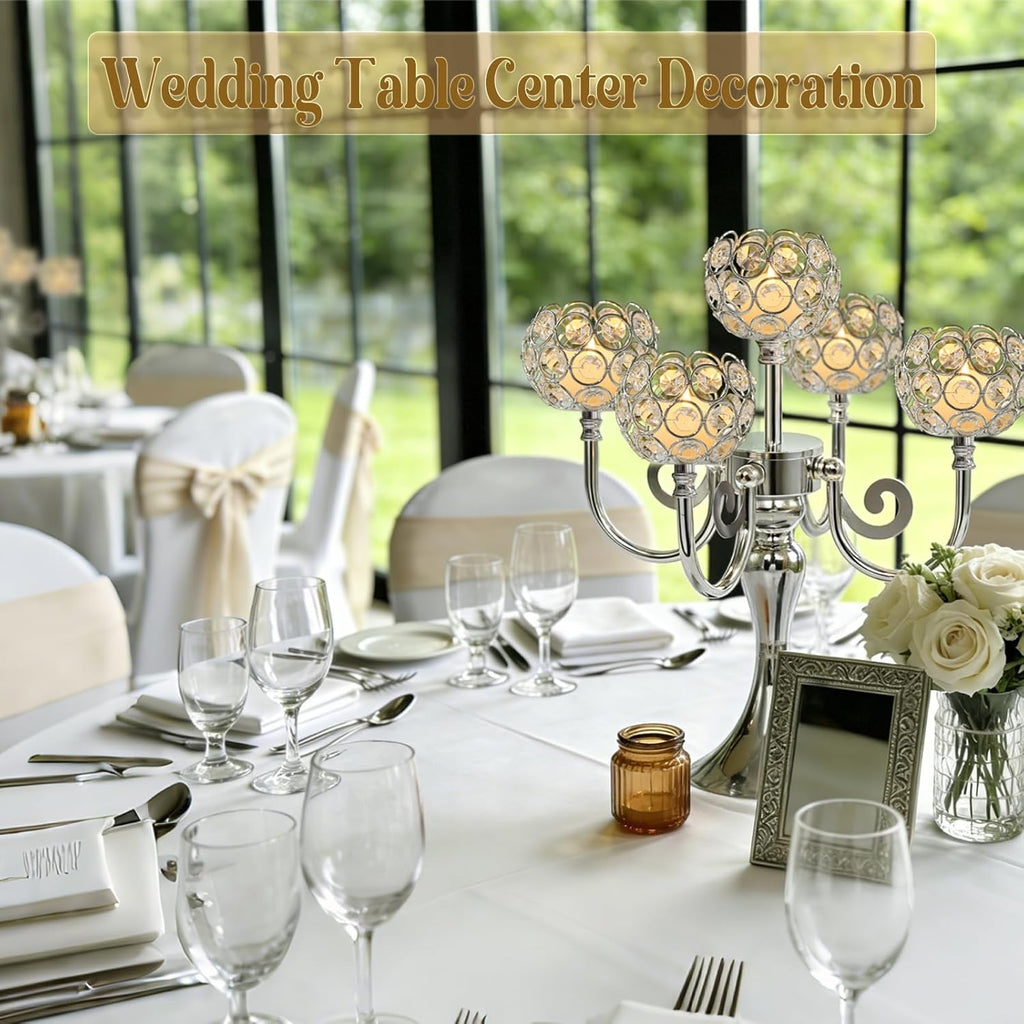 5 Arm Metal Crystal Candelabra Centerpiece - 13.4 Inch Elegant Candle Holder with Crystal Beadsation (2, Silver)