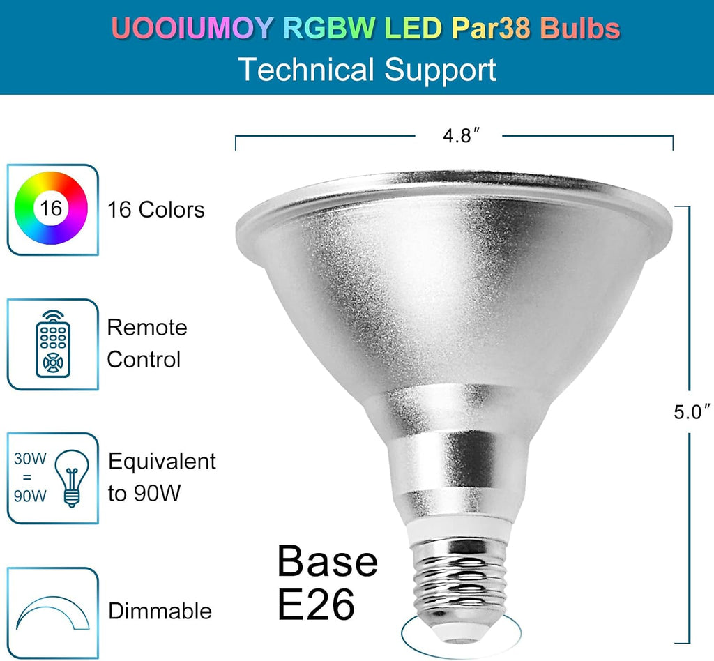 Multicolor LED Par38 Flood Light Bulb Outdoor Waterproof, RGB + Warm White | 3000K 1800LM, 30W=90W, Color Changing
