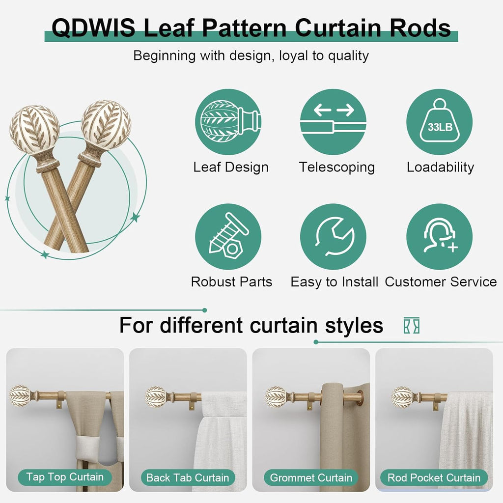 Boho Wood Curtain Rods for Windows 48 to 84 inch,1" Adjustable Heavy Duty Window Curtain Rod with Imitation Wood