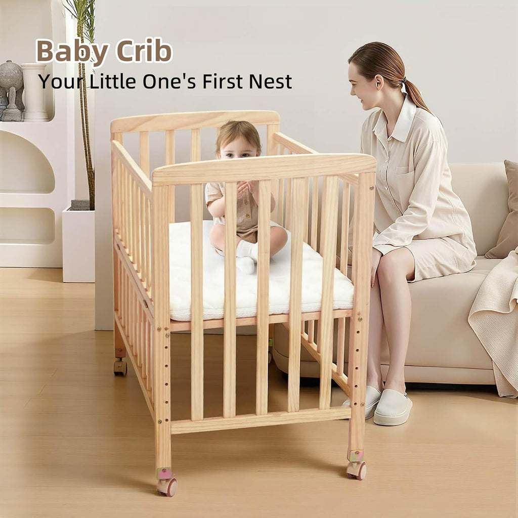 Baby Bassinet Bedside Sleeper,Portable Mini Baby Crib | Mattress Included,New Zealand Pine Wood,6 Adjustable