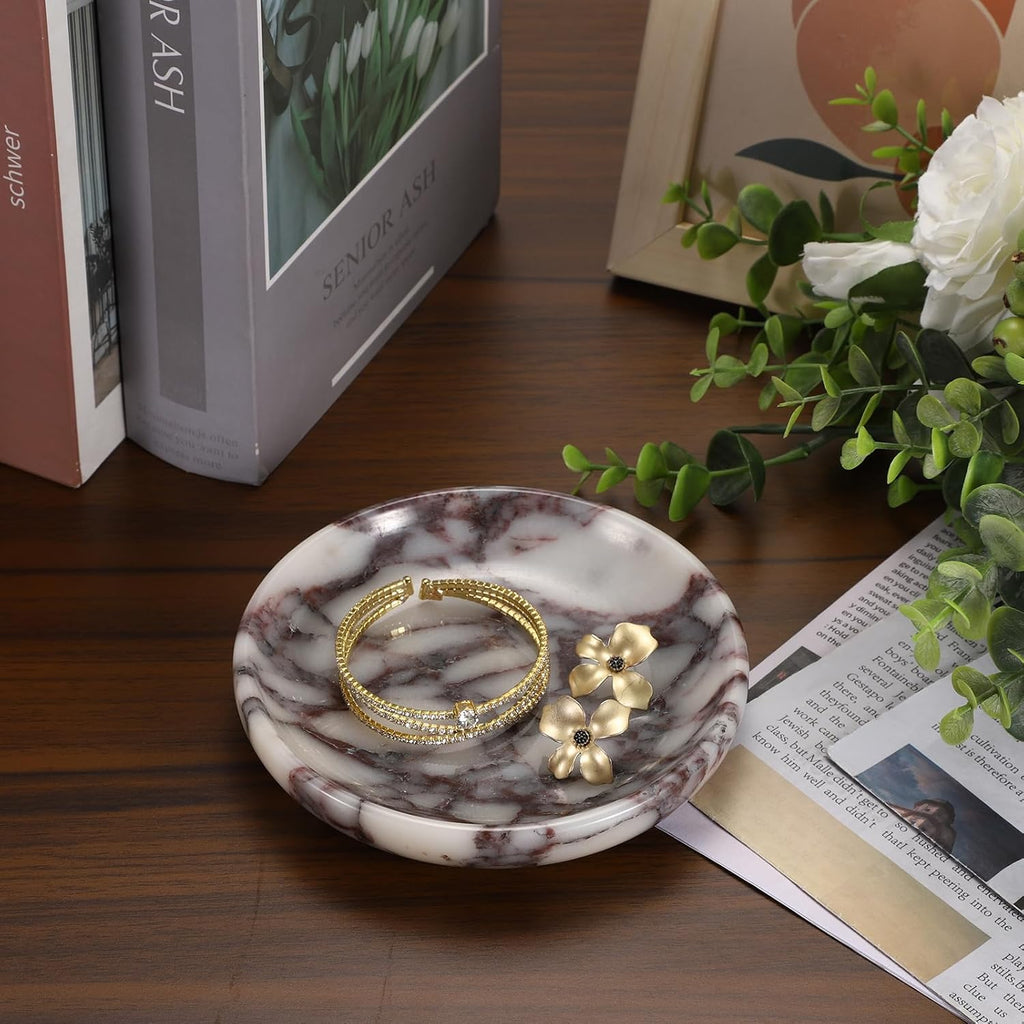 Small Round Key Bowl Table - 5.5" Natural Marble Jewelry Dish Tray Decorative Key Plate Holder Catch All Bowl for