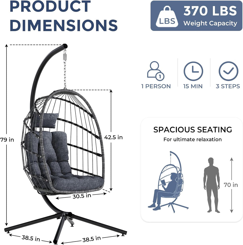 Outdoor Hanging Egg Chair with Stand, Indoor Wicker Egg Shaped Swing Chair with Cushion, 370lbs Capacity Comfy Patio