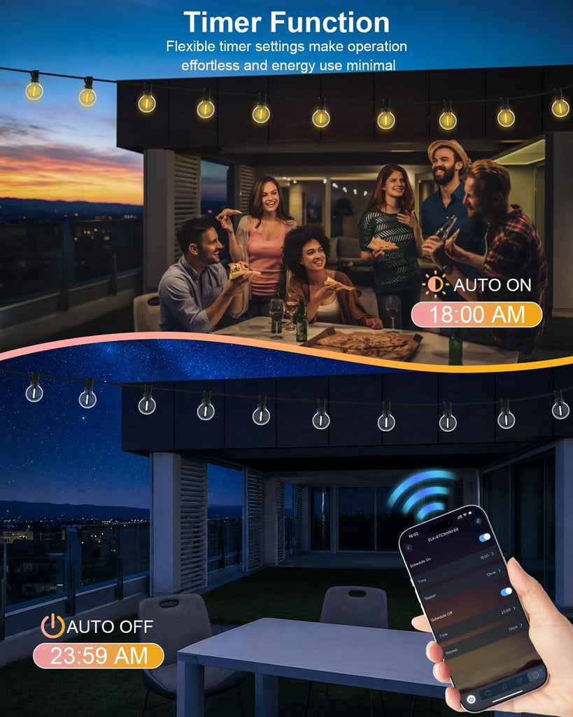 Outdoor String Lights, Smart APP & Remote Control Dimmable Patio Lights with Timer, Plug in LED String Lights