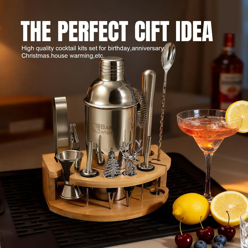Silicone Pad Included Cocktail Shaker Set Bartender Kit,Mixology Bartender Kit 13-Piece with Bamboo Stand,Martini - Set of 13