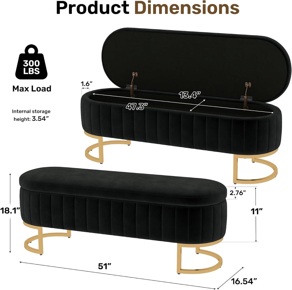51" Velvet Storage Ottoman Bench End of Bed Entryway Black