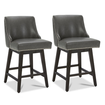 26" Counter Height Swivel Bar Stools, Retro Grey Faux Leather, 2-Pack