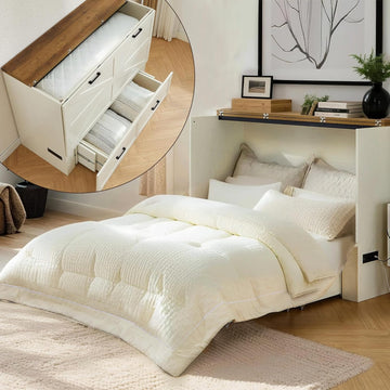 Murphy Bed, Queen Farmhouse Cabinet with Charging & Storage, Rustic White